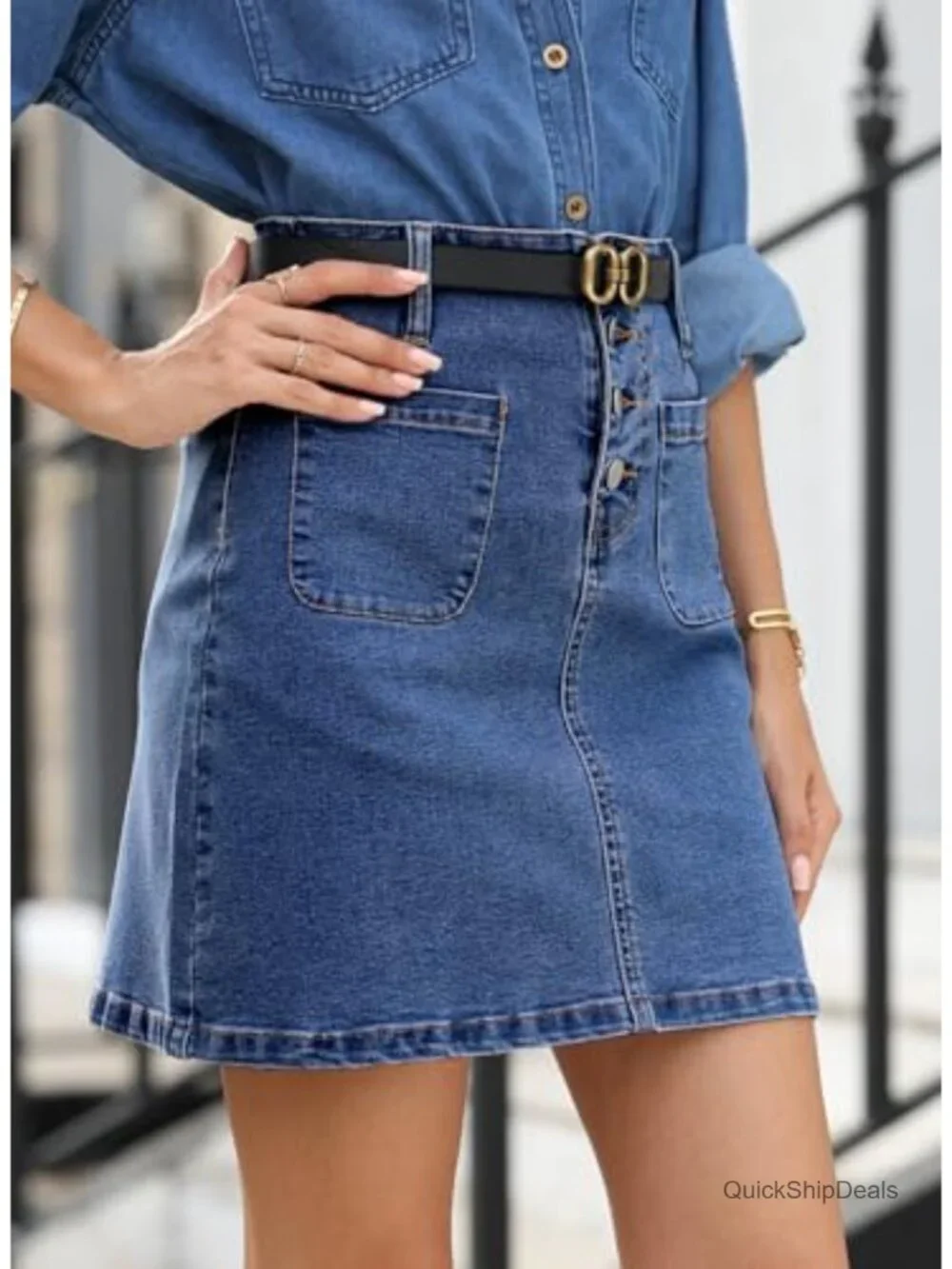 High Waist A-Line Denim Skirt with Pockets, Cotton Blend, Button Down